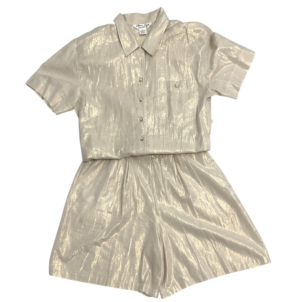 VTG LAURA & JAYNE womens gold metallic matching set culotte shorts top 12 14 *